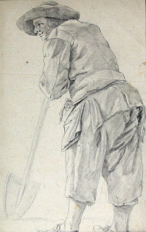 Staande man leunend op een schop